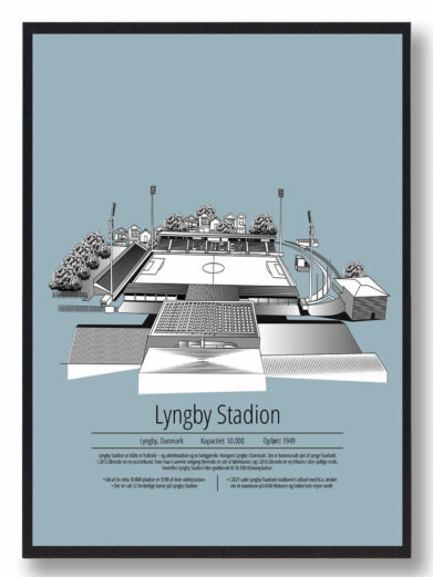 Fodbold plakat med Lyngby stadion. Denne fodbold plakat med Lyngby er i flot stilren lyseblå baggrund