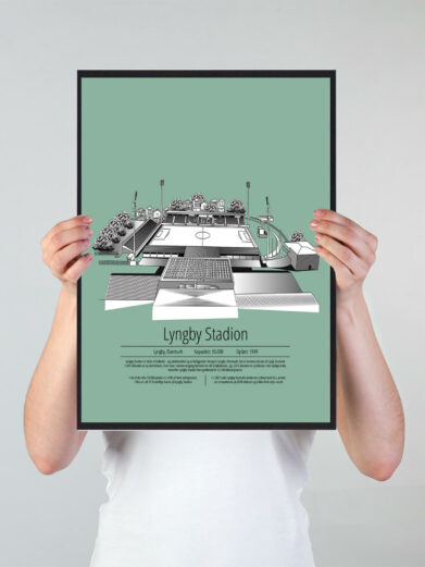 Fodbold plakat med Lyngby stadion. Denne fodbold plakat med Lyngby er i flot stilren grøn baggrund