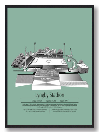 Fodbold plakat med Lyngby stadion. Denne fodbold plakat med Lyngby er i flot stilren grøn baggrund