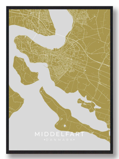 Middelfart byplakat i stilrent design. Denne Middelfart byplakat er med gul baggrund og viser Middelfart fra sin smukkeste side
