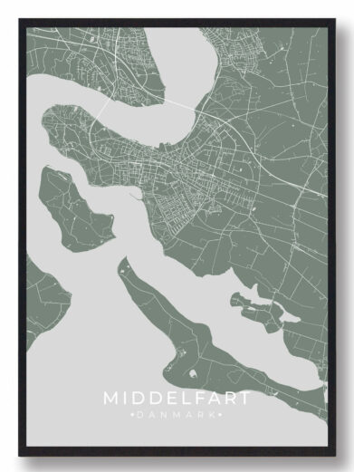 Middelfart byplakat i stilrent design. Denne Middelfart byplakat er med grøn baggrund og viser Middelfart fra sin smukkeste side