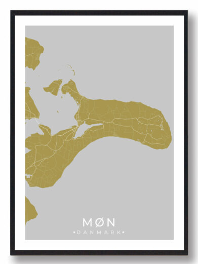 Møn byplakat i stilrent design. Denne Møn byplakat er med gul baggrund og viser Møn fra sin smukkeste side