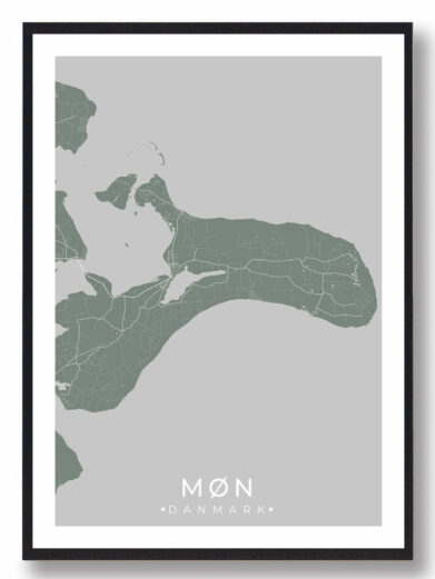 Møn byplakat i stilrent design. Denne Møn byplakat er med grøn baggrund og viser Møn fra sin smukkeste side