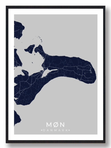 Møn byplakat i stilrent design. Denne Møn byplakat er med mørkeblå baggrund og viser Møn fra sin smukkeste side
