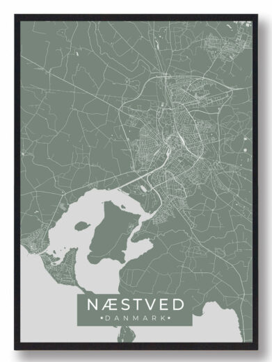 Næstved grøn byplakat. Minimalistisk design med kort over Næstved, Sjælland. Perfekt vægkunst til hjemmet. Detaljeret og stilfuld.