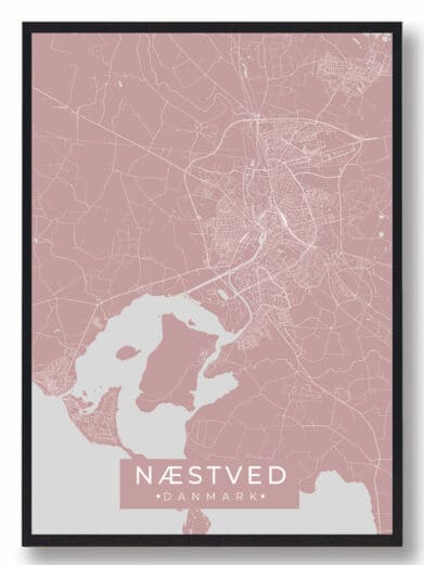 Næstved plakat i rosa: Detaljeret bykort med hvide linjer på rosa baggrund. Flot design til dit hjem. Se Næstved fra et nyt perspektiv!