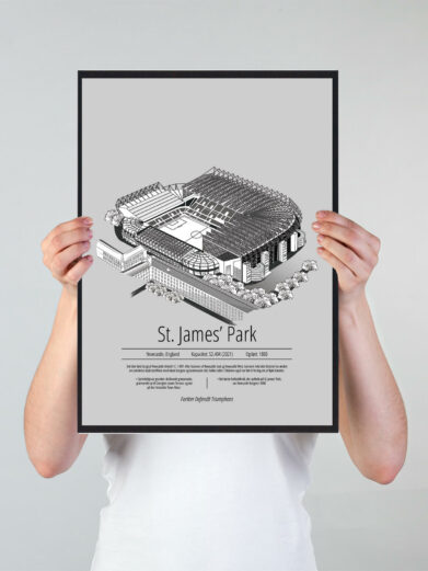 Fodbold plakat med Newcastle United stadion. Denne fodbold plakat med Newcastle United er i flot stilren grå baggrund