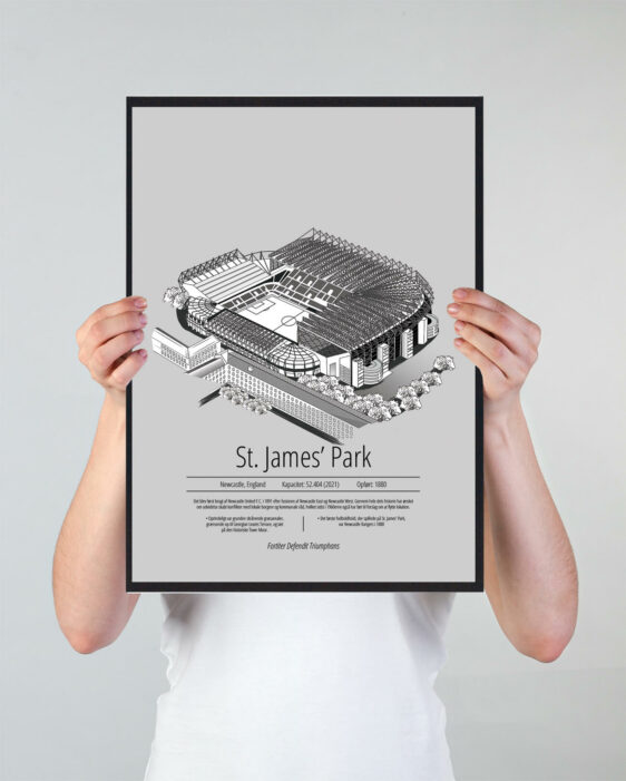 Fodbold plakat med Newcastle United stadion. Denne fodbold plakat med Newcastle United er i flot stilren grå baggrund