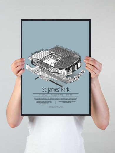 Fodbold plakat med Newcastle United stadion. Denne fodbold plakat med Newcastle United er i flot stilren lyseblå baggrund