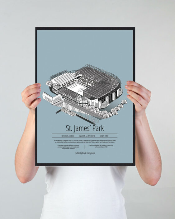 Fodbold plakat med Newcastle United stadion. Denne fodbold plakat med Newcastle United er i flot stilren lyseblå baggrund