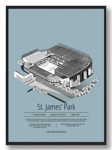 Fodbold plakat med Newcastle United stadion. Denne fodbold plakat med Newcastle United er i flot stilren lyseblå baggrund