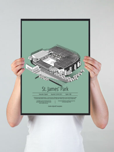 Fodbold plakat med Newcastle United stadion. Denne fodbold plakat med Newcastle United er i flot stilren grøn baggrund