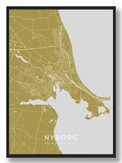 Nyborg byplakat i stilrent design. Denne Nyborg byplakat er med gul baggrund og viser Nyborg fra sin smukkeste side
