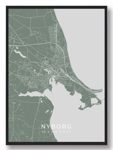 Nyborg byplakat i stilrent design. Denne Nyborg byplakat er med grøn baggrund og viser Nyborg fra sin smukkeste side