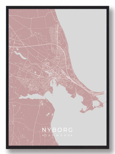 Nyborg byplakat i stilrent design. Denne Nyborg byplakat er med rosa baggrund og viser Nyborg fra sin smukkeste side