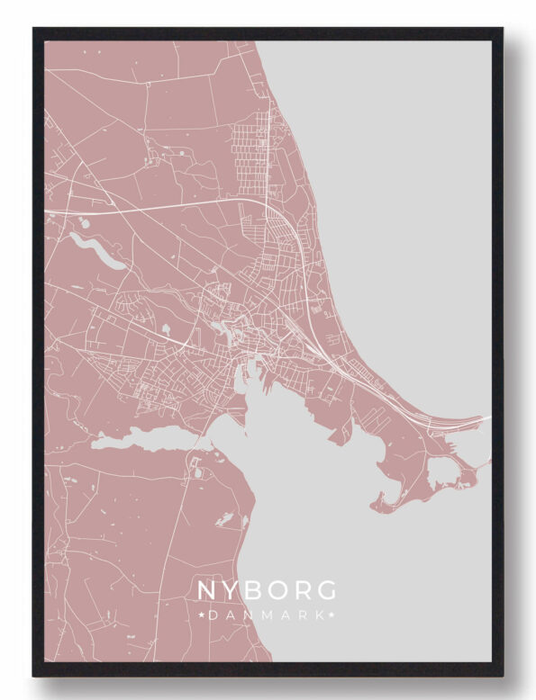 Nyborg byplakat i stilrent design. Denne Nyborg byplakat er med rosa baggrund og viser Nyborg fra sin smukkeste side
