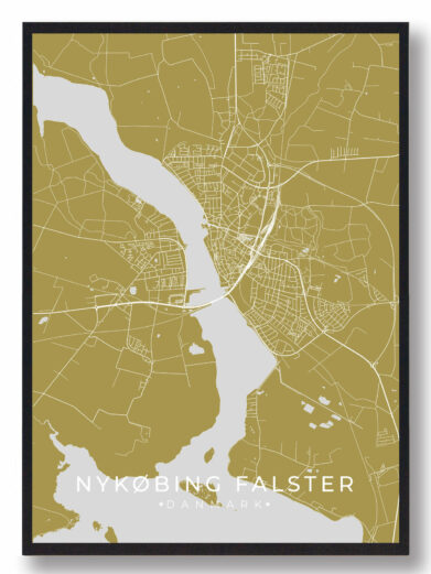 Nykøbing Falster byplakat i stilrent design. Denne Nykøbing Falster byplakat er med gul baggrund og viser Nykøbing Falster fra sin smukkeste side