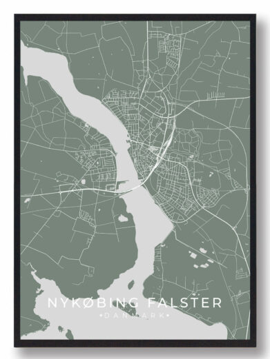 Nykøbing Falster byplakat i stilrent design. Denne Nykøbing Falster byplakat er med grøn baggrund og viser Nykøbing Falster fra sin smukkeste side