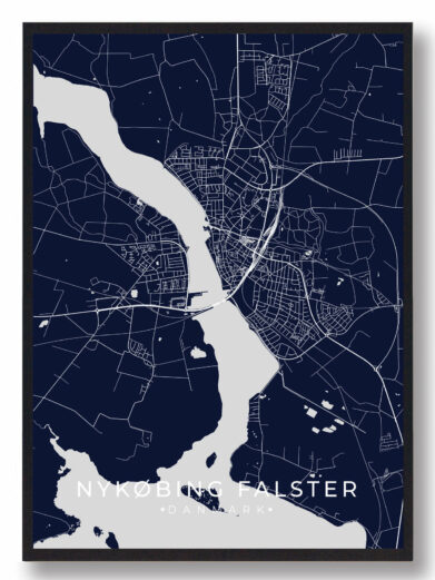 Nykøbing Falster byplakat i stilrent design. Denne Nykøbing Falster byplakat er med mørkeblå baggrund og viser Nykøbing Falster fra sin smukkeste side