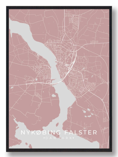Nykøbing Falster byplakat i stilrent design. Denne Nykøbing Falster byplakat er med rosa baggrund og viser Nykøbing Falster fra sin smukkeste side
