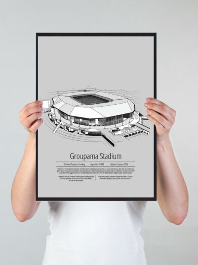 Fodbold plakat med Lyon stadion. Denne fodbold plakat med Lyon er i flot stilren grå baggrund