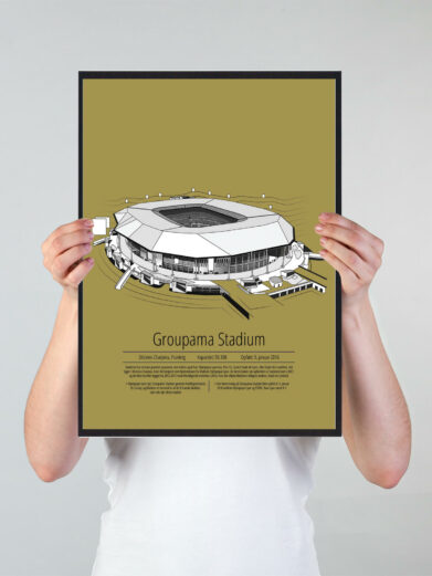 Fodbold plakat med Lyon stadion. Denne fodbold plakat med Lyon er i flot stilren gul baggrund