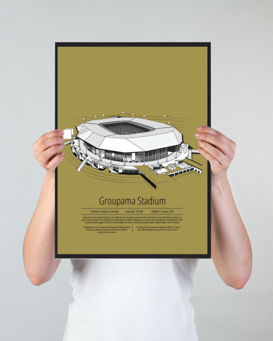 Fodbold plakat med Lyon stadion. Denne fodbold plakat med Lyon er i flot stilren gul baggrund