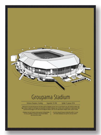 Fodbold plakat med Lyon stadion. Denne fodbold plakat med Lyon er i flot stilren gul baggrund