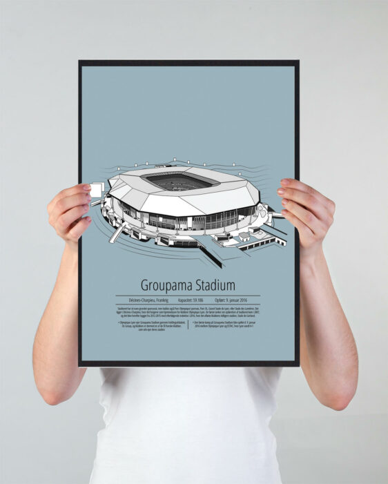 Fodbold plakat med Lyon stadion. Denne fodbold plakat med Lyon er i flot stilren lyseblå baggrund