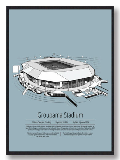 Fodbold plakat med Lyon stadion. Denne fodbold plakat med Lyon er i flot stilren lyseblå baggrund