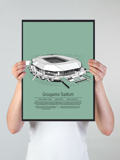 Fodbold plakat med Lyon stadion. Denne fodbold plakat med Lyon er i flot stilren grøn baggrund