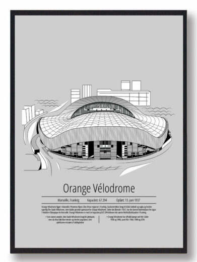 Fodbold plakat med Marseille stadion. Denne fodbold plakat med Marseille er i flot stilren grå baggrund