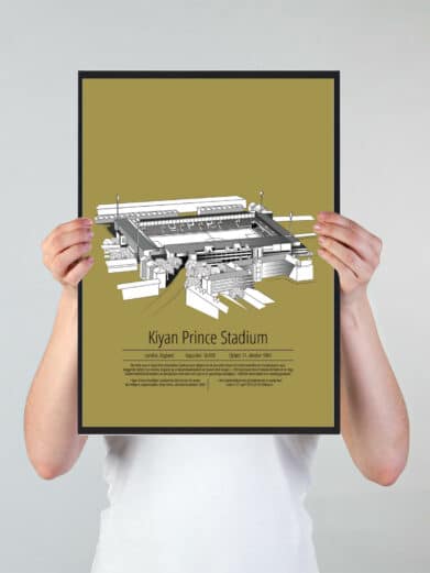 Fodbold plakat med Queens Park Rangers stadion. Denne fodbold plakat med Queens Park Rangers er i flot stilren gul baggrund