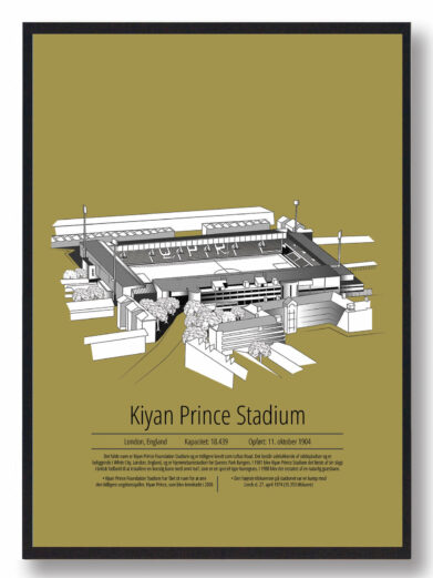 Fodbold plakat med Queens Park Rangers stadion. Denne fodbold plakat med Queens Park Rangers er i flot stilren gul baggrund