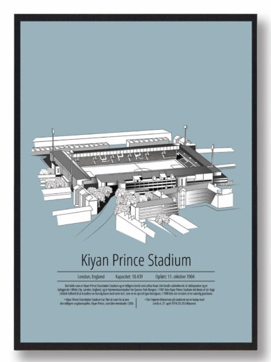 Fodbold plakat med Queens Park Rangers stadion. Denne fodbold plakat med Queens Park Rangers er i flot stilren lyseblå baggrund