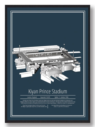 Grøn Queens Park Rangers Loftus Road plakat. Detaljeret stadion illustration i mørkeblå og hvide nuancer. Perfekt for fodboldfans.