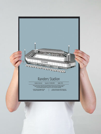 Fodbold plakat med Randers stadion. Denne fodbold plakat med Randers er i flot stilren lyseblå baggrund