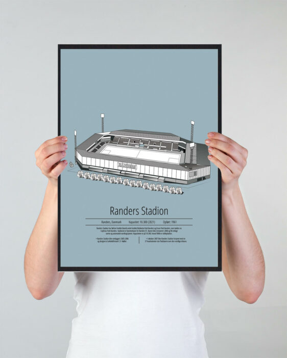 Fodbold plakat med Randers stadion. Denne fodbold plakat med Randers er i flot stilren lyseblå baggrund