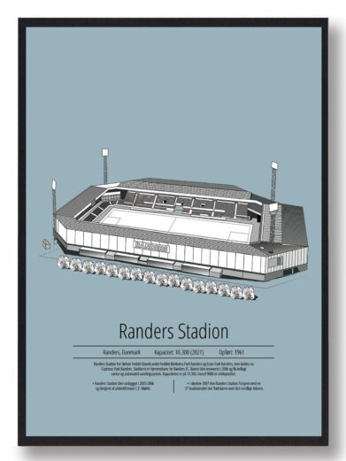 Fodbold plakat med Randers stadion. Denne fodbold plakat med Randers er i flot stilren lyseblå baggrund