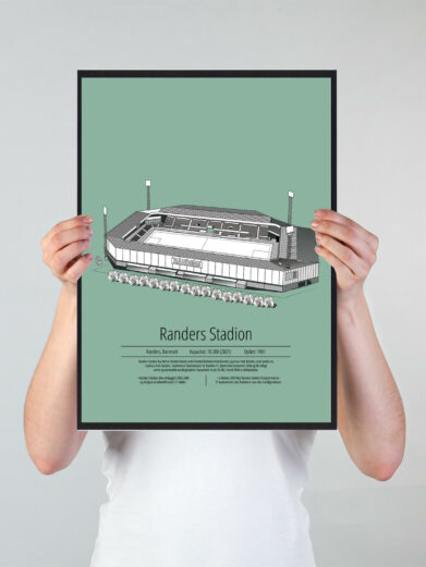 Fodbold plakat med Randers stadion. Denne fodbold plakat med Randers er i flot stilren grøn baggrund