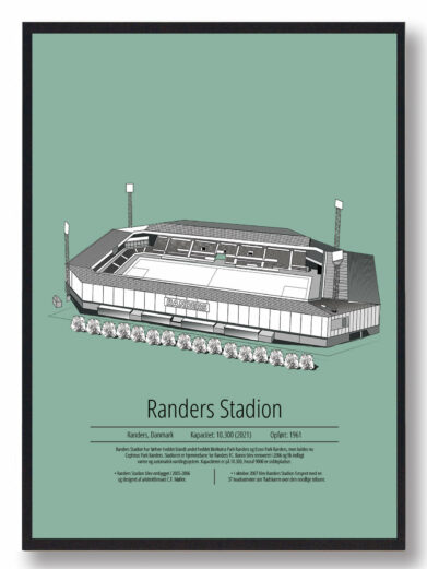 Fodbold plakat med Randers stadion. Denne fodbold plakat med Randers er i flot stilren grøn baggrund