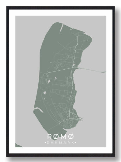 Grøn Rømø plakat. Minimalistisk design med kort over Rømø, Syddanmark, i mintgrøn. Perfekt som vægkunst.