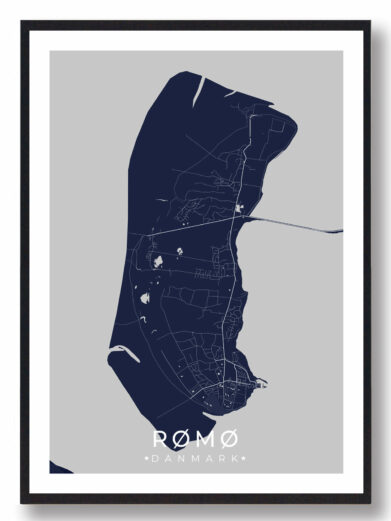 Mørkeblå Rømø plakat med detaljeret kort over øen, smukt indrammet. Perfekt til at fremvise din kærlighed til Syddanmark.