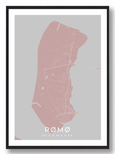 Rømø plakat i rosa: Detaljeret kort over Rømø, Danmark, i en stilfuld, moderne design. Perfekt vægkunst til hjemmet.