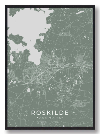 Roskilde byplakat i stilrent design. Denne Roskilde byplakat er med grøn baggrund og viser Roskilde fra sin smukkeste side