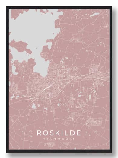Roskilde byplakat i rosa. Detaljeret kort over Roskilde, Sjælland, med veje og vandveje. Moderne design, ideel som vægkunst.