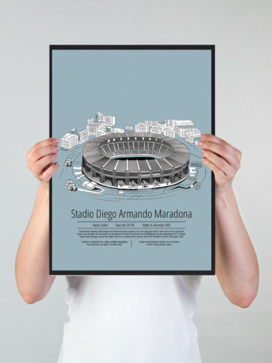 Fodbold plakat med Napoli stadion. Denne fodbold plakat med Napoli er i flot stilren lyseblå baggrund