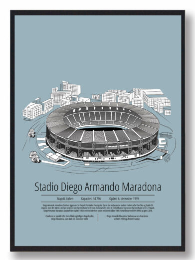Fodbold plakat med Napoli stadion. Denne fodbold plakat med Napoli er i flot stilren lyseblå baggrund