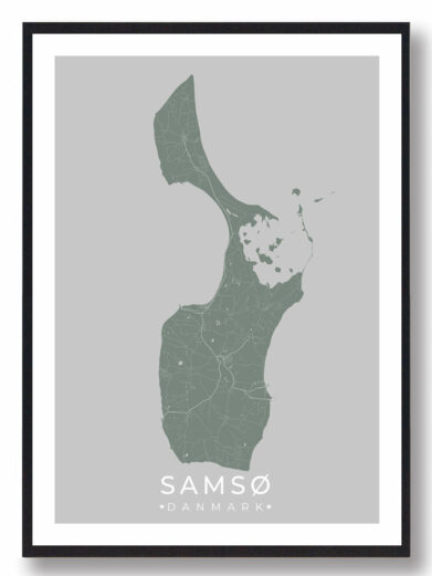 Samsø byplakat i stilrent design. Denne Samsø byplakat er med grøn baggrund og viser Samsø fra sin smukkeste side