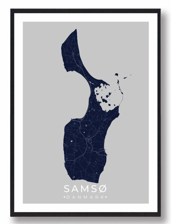 Samsø byplakat i stilrent design. Denne Samsø byplakat er med mørkeblå baggrund og viser Samsø fra sin smukkeste side